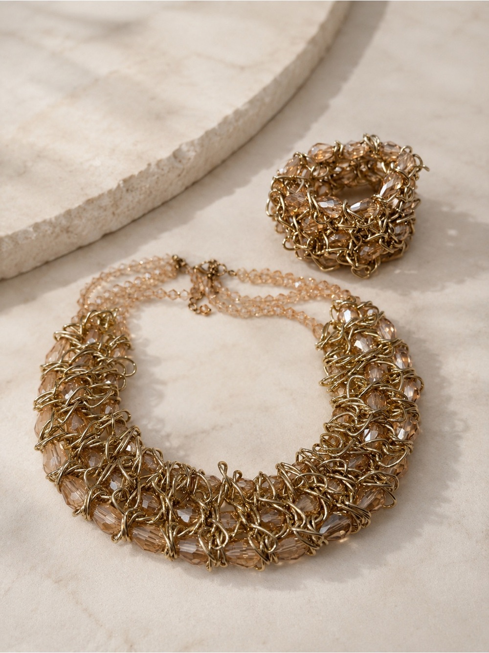 Gold and Champagne Beaded Statement Necklace and Bracelet Set